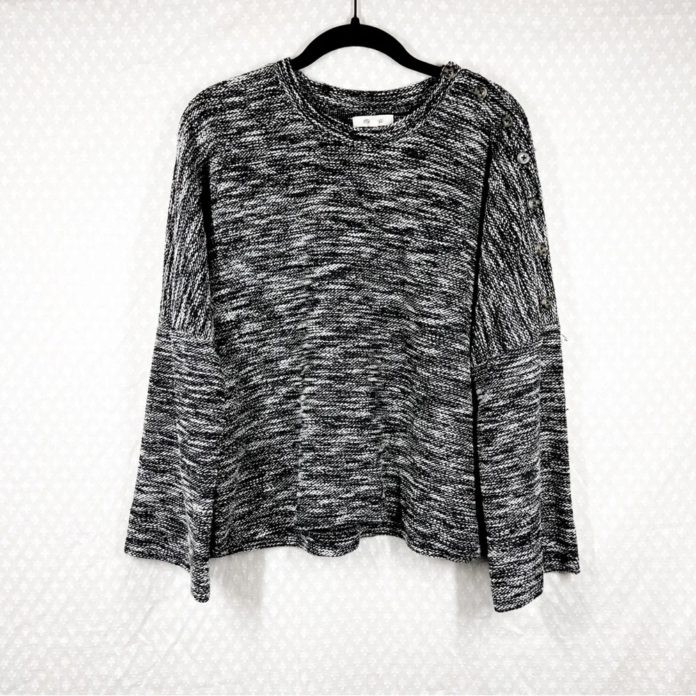 Madewell Black Marbled Button Shoulder Wide Sleeve‎ Sweater